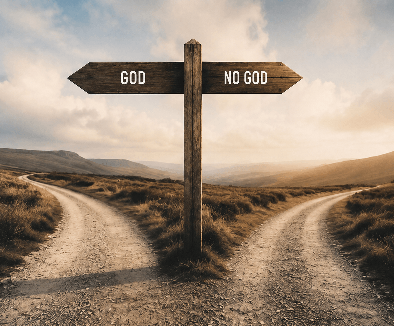 Forked road sign showing God and no God as two possible choices